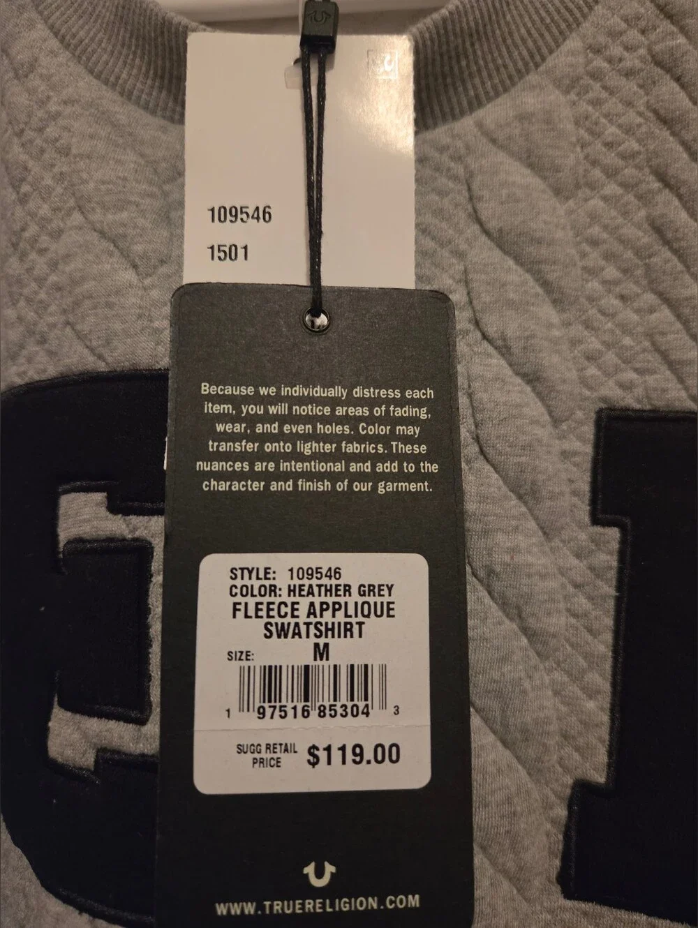 Men’s True Religion Quilted Crewneck Sweatshirt in Light Gray
